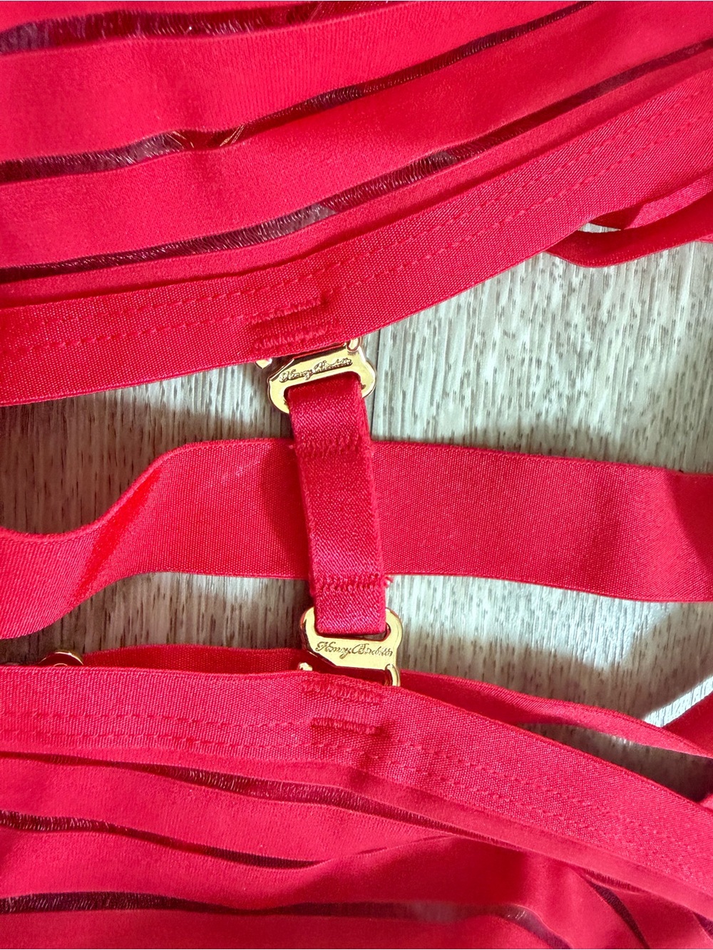 Honey Birdette LINDA C. Raspberry Red Striped Bodysuit Size S Gold Hardware - Picture 7 of 9